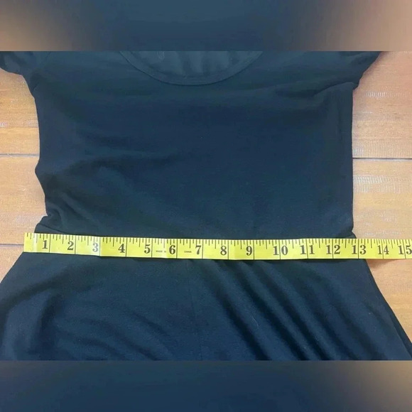 Reformation Jeans Black Scoop Neck Midi Dress Elbow Sleeve Stretch Fit and Flare - Picture 11 of 11